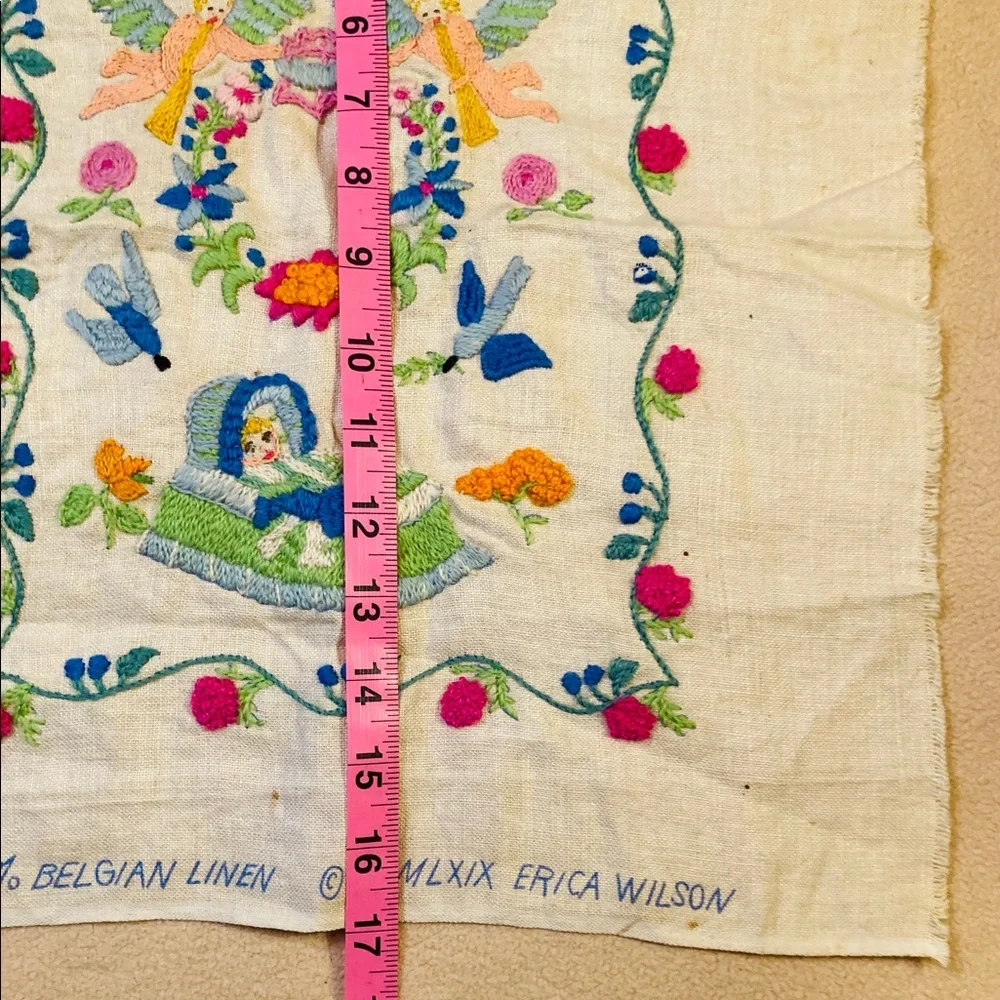 Beautiful small sampler of newborn child, knitted in colorful needlework linen